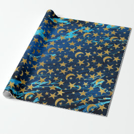 Elegant Golden Stars en Moon Blue Navy Marble Cadeaupapier