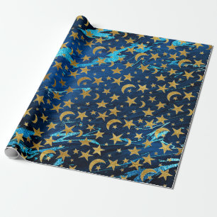 Elegant Golden Stars en Moon Blue Navy Marble Cadeaupapier