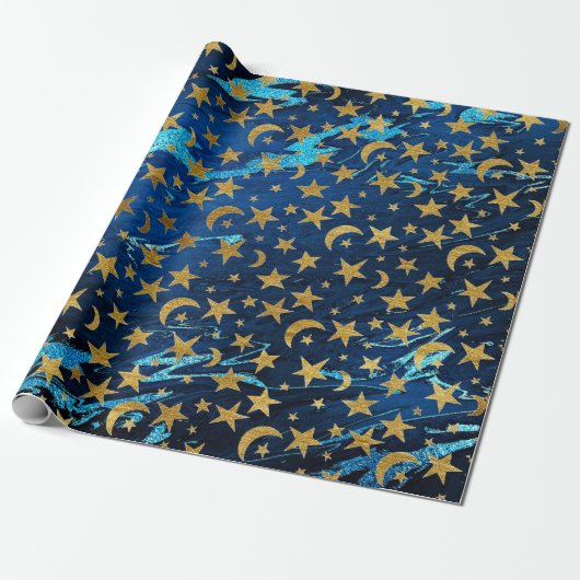 Elegant Golden Stars en Moon Blue Navy Marble Cadeaupapier (Uitgerold)