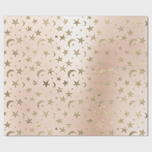 Elegant Golden Stars en Moon Faux Pink Rose Blush Cadeaupapier (Vlak)