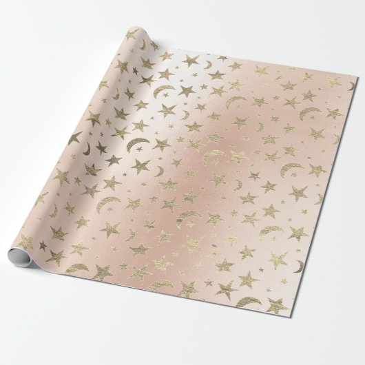 Elegant Golden Stars en Moon Faux Pink Rose Blush Cadeaupapier (Uitgerold)