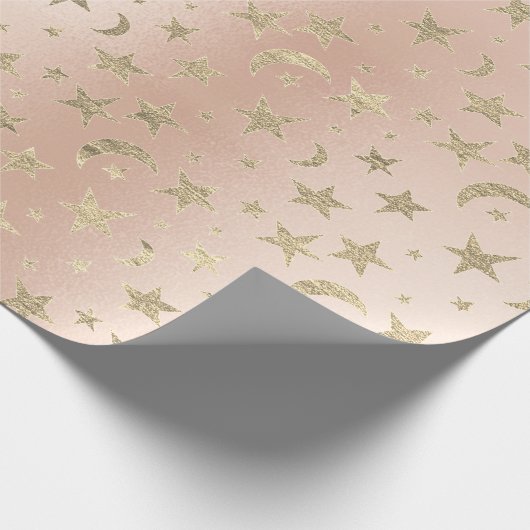 Elegant Golden Stars en Moon Faux Pink Rose Blush Cadeaupapier (Hoek)
