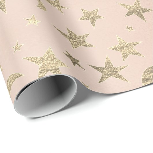Elegant Golden Stars en Moon Faux Pink Rose Blush Cadeaupapier (Rol Hoek)