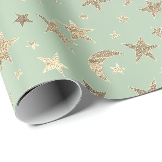 Elegant Golden Stars Mint Green Champaigne Cadeaupapier (Rol Hoek)