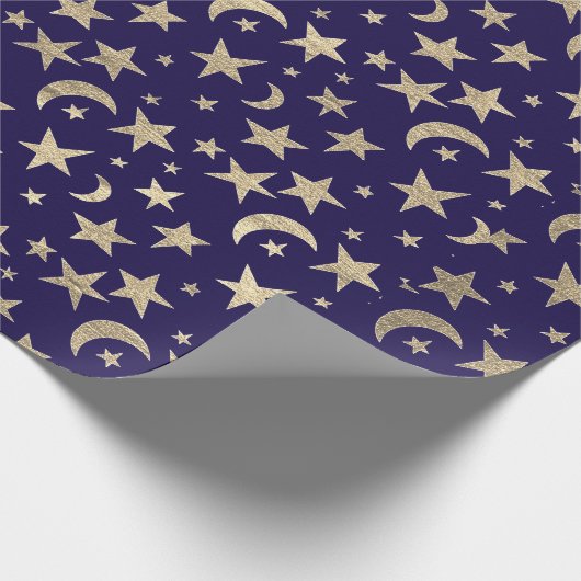 Elegant Golden Stars Moon Blue Navy Champaigne Cadeaupapier (Hoek)
