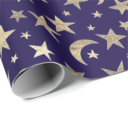 Elegant Golden Stars Moon Blue Navy Champaigne Cadeaupapier (Rol Hoek)