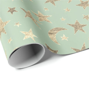 Elegant Golden Stars Moon Mint Green Champaigne Cadeaupapier