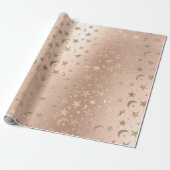 Elegant Golden Stars Moon Roos Pink Champaigne Cadeaupapier (Uitgerold)