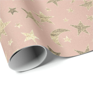 Elegant Golden Stars Moon Roos Pink Champaigne Cadeaupapier