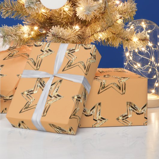 Elegant Golden Stars Pastel Oranje Kerstmis Cadeaupapier (Feestdagen)