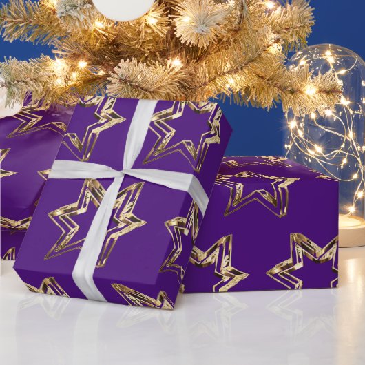 Elegant Golden Stars Patroon Kerst Paarse Cadeaupapier (Feestdagen)