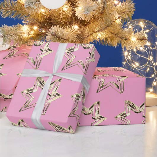 Elegant Golden Stars Pattern Roze Kerstmis Cadeaupapier (Feestdagen)