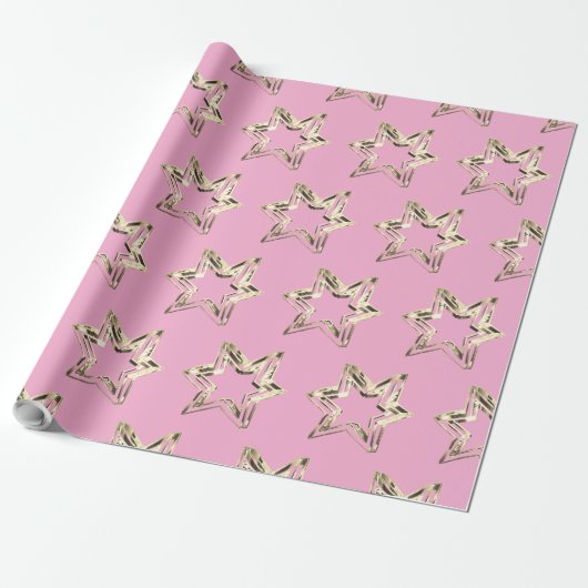 Elegant Golden Stars Pattern Roze Kerstmis Cadeaupapier (Uitgerold)