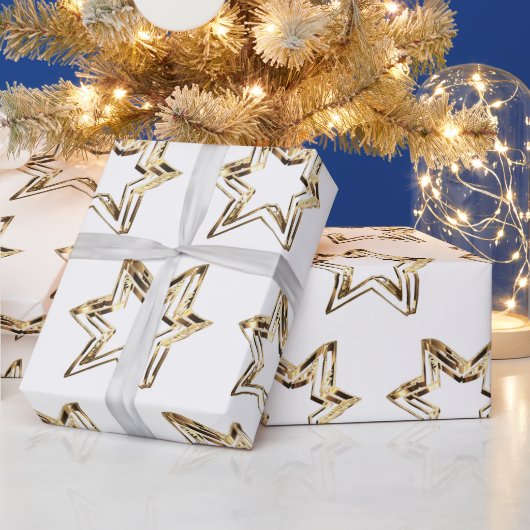Elegant Golden Stars Pattern White Kerstmis Cadeaupapier (Feestdagen)