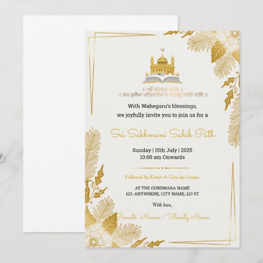 Elegant Golden Sukhmani Sahib Path Invitation Kaart (Voorkant / Achterkant)