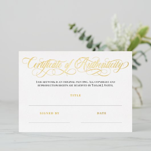 Elegant Golden Swirls Certificate of Authenticity Folie Uitnodiging (Staand Voorkant)