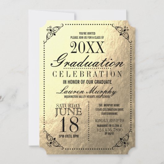 Elegant Golden Ticket Graduation Party Kaart (Voorkant)