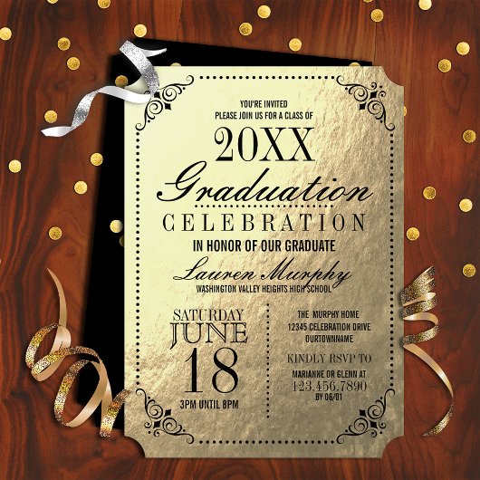 Elegant Golden Ticket Graduation Party Kaart