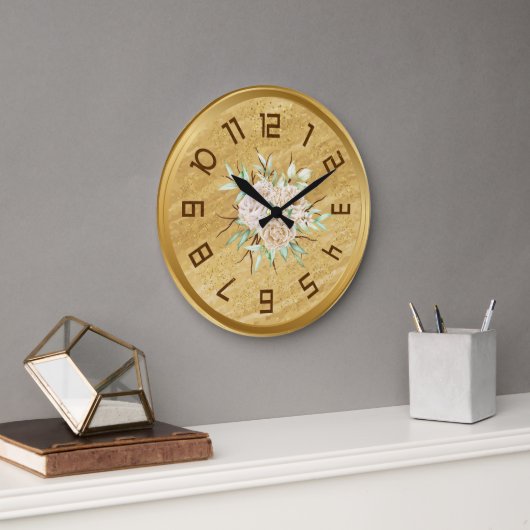 Elegant Golden Wall Clock With Flowers  Grote Klok (Kantoor)
