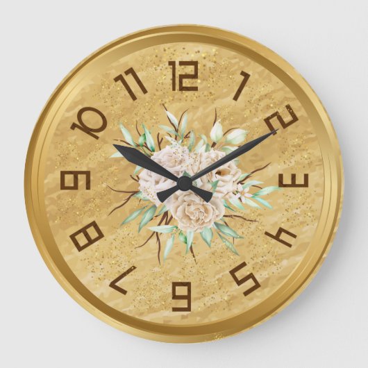 Elegant Golden Wall Clock With Flowers  Grote Klok (Voorkant)