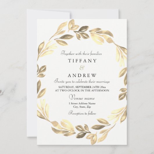 Elegant Golden Wreath Wedding Invite Kaart (Voorkant)