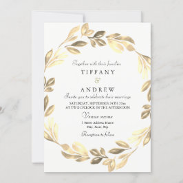 Elegant Golden Wreath Wedding Invite Kaart