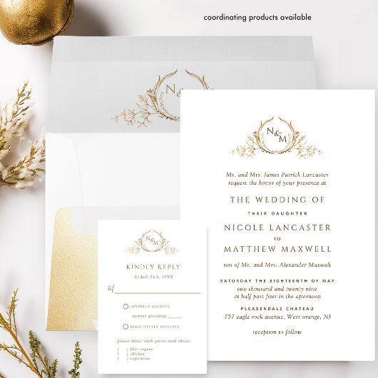 Elegant Golden Yellow Monogram Formele bruiloft Kaart