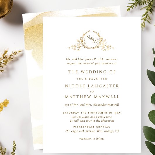 Elegant Golden Yellow Monogram Formele bruiloft Kaart