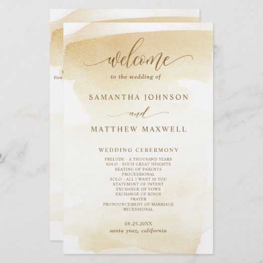 Elegant Golden Yellow Waterverf Wedding Programme (Voorkant / Achterkant)