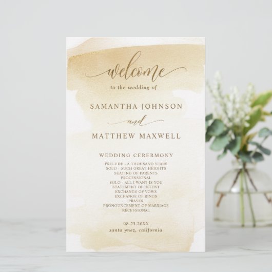 Elegant Golden Yellow Waterverf Wedding Programme (Staand voorkant)