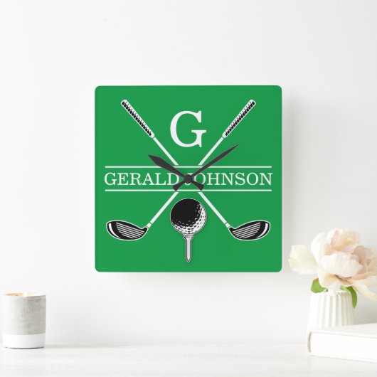 Elegant Golf Monogram Design Vierkante Klok (Huis)