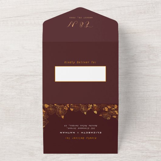 Elegant Gorchanische Bourgogne en goudflorage All In One Uitnodiging (Buitenkant)