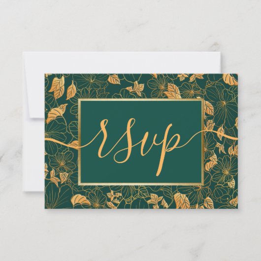 Elegant Gorgood Emerald Green & Gold Foliage RSVP (Voorkant)