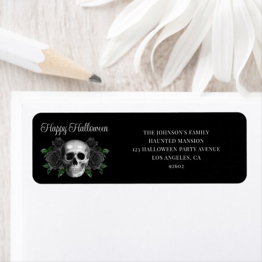 Elegant Gothic Black Floral Skull Halloween Etiket (Insitu)