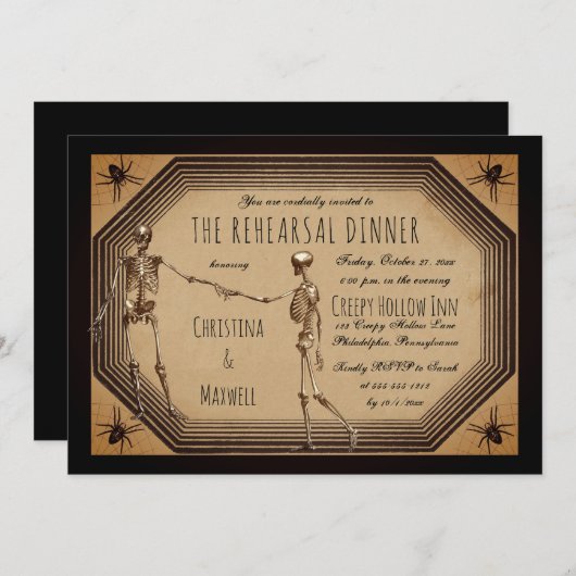 Elegant Gothic Deco Skeletons Rehearsal Dinner Inv Kaart (Voorkant / Achterkant)