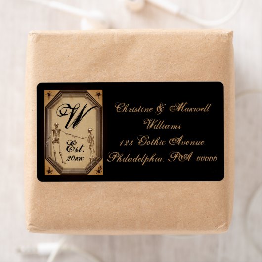 Elegant Gothic Deco Skeletons Wedding Monogram Lab Etiket (Insitu)