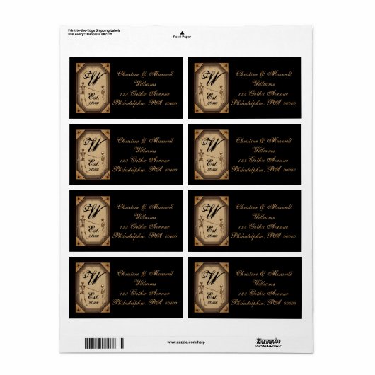 Elegant Gothic Deco Skeletons Wedding Monogram Lab Etiket (Full Sheet)