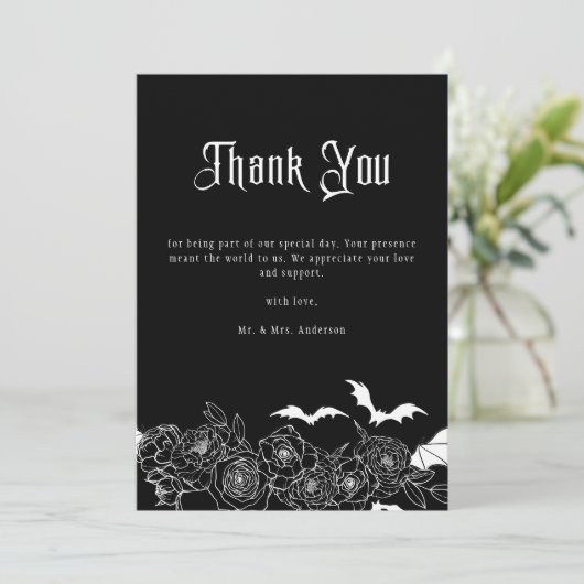 Elegant Gothic Floral Black Wedding Photo Bedankkaart (Staand voorkant)