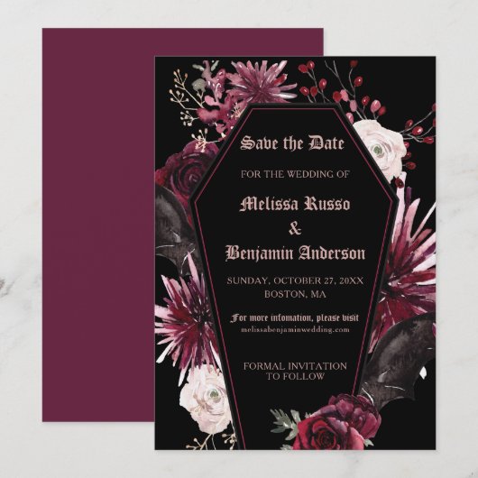 Elegant Gothic Floral Coffin Save The Date (Voorkant / Achterkant)