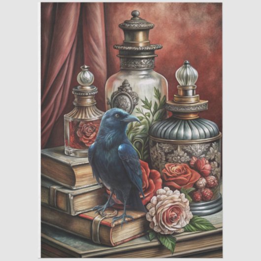  Elegant Gothic Floral & Raven Furniture Decoupage Tissuepapier (Voorkant)
