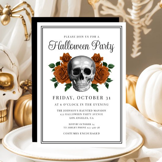 Elegant Gothic Floral Skull Halloween Invitation Kaart