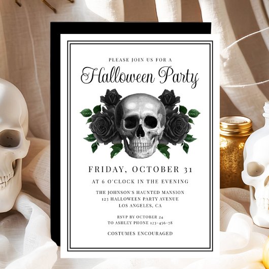 Elegant Gothic Floral Skull Halloween Invitation Kaart