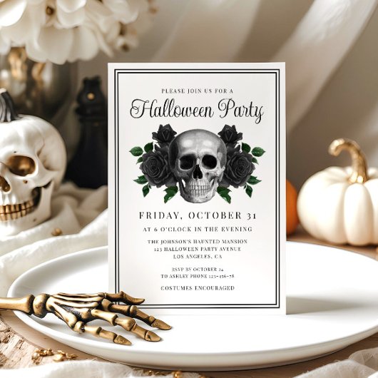 Elegant Gothic Floral Skull Halloween Invitation Kaart