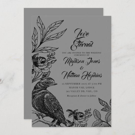 Elegant Gothic Raven Wedding Invitation Kaart (Voorkant / Achterkant)