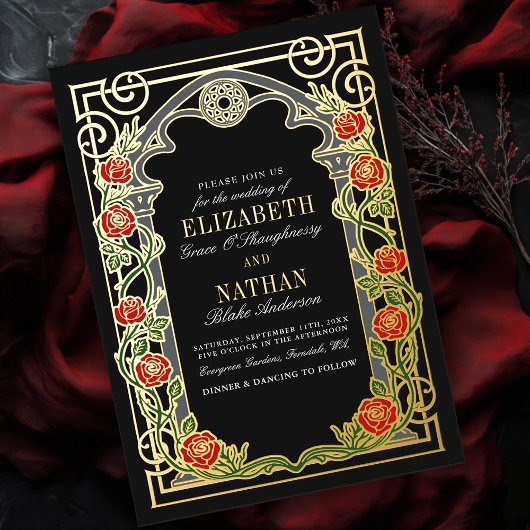 Elegant Gothic Roses Cathedral Frame Wedding  Folie Uitnodiging