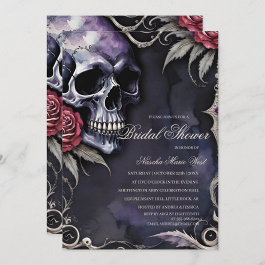 Elegant Gothic Skull & Red Roses Bridal Shower Kaart (Voorkant / Achterkant)