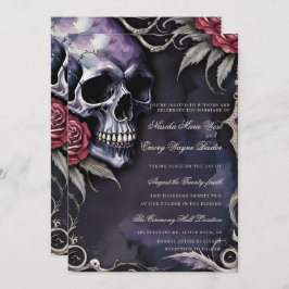 Elegant Gothic Skull & Red Roses Wedding Kaart