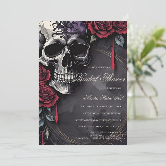 Elegant Gothic Skull & Roses Bridal Shower Kaart (Staand voorkant)