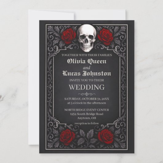 Elegant Gothic Skull & Roses Wedding Invitation    Kaart (Voorkant)