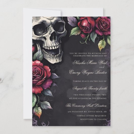 Elegant Gothic Skull & Roses Wedding Kaart (Voorkant)